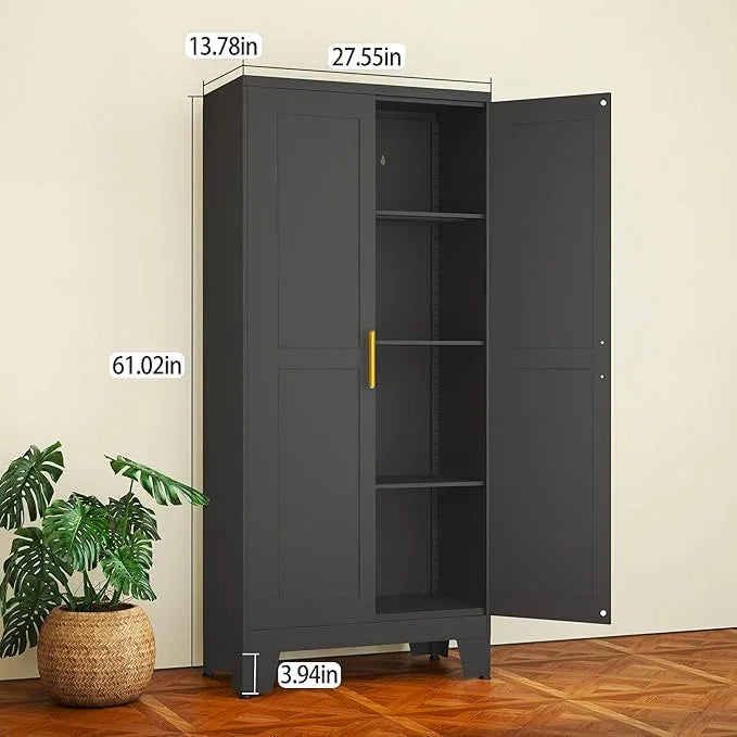 Black Metal Storage Cabinet, 61" Steel Cabinets for Home Office, Kitchen Pantry Storage Cabinet with Doors and 3 Adjustable Shelves, Metal Tool Cabinet, for Office, Home, Garage, School - NeatNest