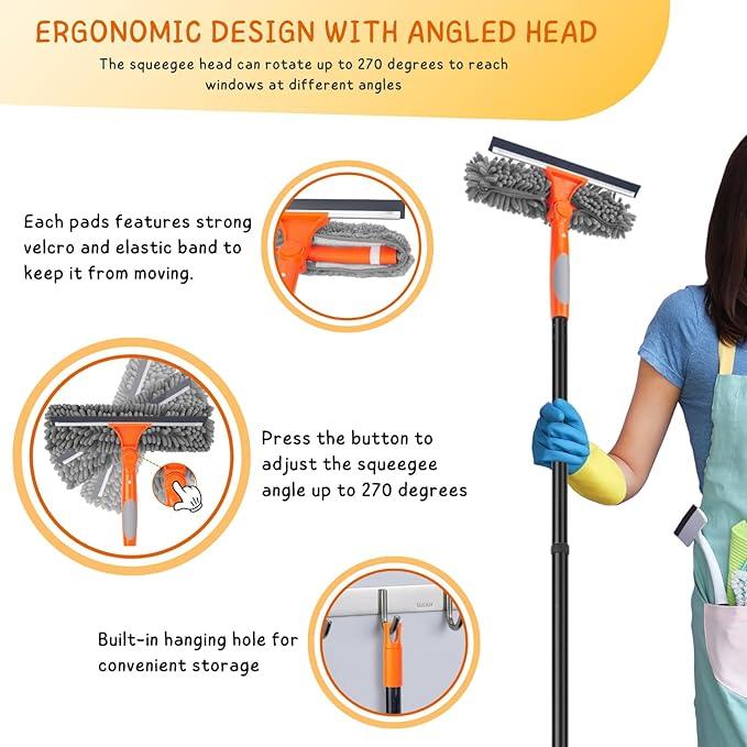 Window Cleaner Tool for Home, 59.5'' Squeegee Kit for Car Windshield, Shower Door, Mirror Cleaning, 2 in 1 Outdoor Glass Washer with Extension Pole - NeatNest