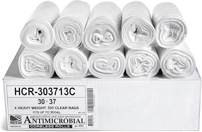 Aluf Plastics HCR-303713C High Density Star Sealed Coreless Roll Bags, 30 gal, Polyethylene, 30" x 37", Clear (Pack of 500) - NeatNest