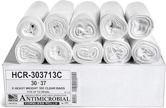 Aluf Plastics HCR-303713C High Density Star Sealed Coreless Roll Bags, 30 gal, Polyethylene, 30" x 37", Clear (Pack of 500) - NeatNest