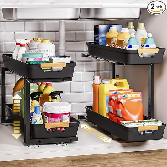 Homde 2-Tier Under Sink Organizer: 2pcs Set Adjustable Pull Out Drawer Undersink Cabinet Storage Rack for Home Kitchen Bathroom - NeatNest