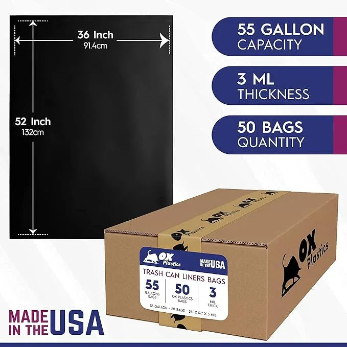55 Gallon Trash Bags Heavy Duty – Large Black Contractor Bags 36x52" – Industrial, Yard Waste, Lawn & Leaf, Construction Garbage Can Liners – Made in USA (3 Mil, 50 Count) - NeatNest