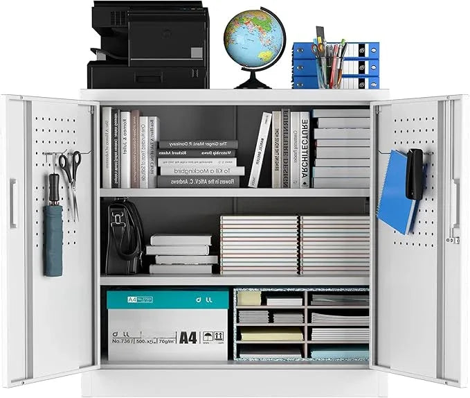 SUXXAN Metal Storage Cabinet with Pegboard 31.5'' x 31.5'' x 16.5'',Lockable Rolling Steel Storage Cabinet with 5 Adjustable Shelves and Door for Garage, Office, Kitchen, Assembly Required(White) - NeatNest