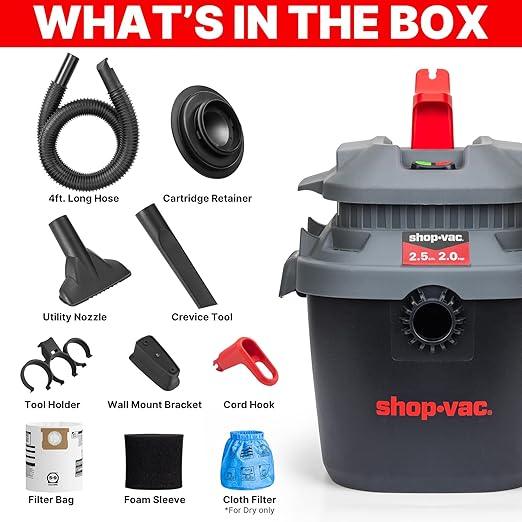 Shop-Vac 2.5 Gallon 2.0 Peak HP Wet Dry Vacuum with Blower, Wall-Mounted Portable Shopvac with 10 Feet Cord, 1.25 Inch x 4 Feet Hose, Small Vacuum Cleaner Ideal for Garage, Workshop & Home, 5430095 - NeatNest