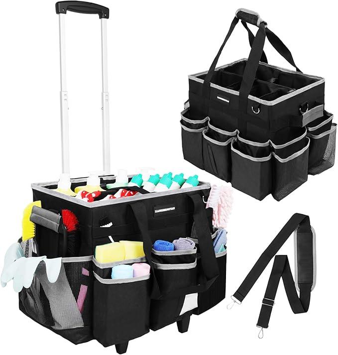 Large Rolling Cleaning Caddy Bag, Cleaning Caddy with Wheels with Detachable Trolley for Housekeepers, Water Resistant Cleaner Supplies Organizer with Wheels for Kitchen, Car, Picnic (Black-Grey) - NeatNest