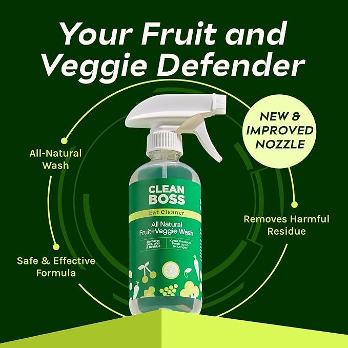 CleanBoss Eat Cleaner Triple-Action Fruit + Veggie Wash - 12 oz, Pack of 3 - Removes Harmful Residue - Keeps Produce Fresh Up to 5X Longer - Includes One Trigger - Vegan, Gluten Free - Improved Nozzle - NeatNest