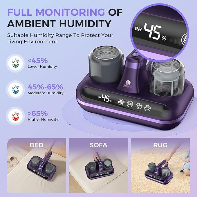 Mattress Vacuum Cleaner - 5-in-1 Cordless Bed Vacuum Cleaner, Powered by UV-C Light & Ultrasonic Technology, 16Kpa Strong Suction,Low Noise,Suitable for Dust, Pet Hair, Etc - Purple - NeatNest