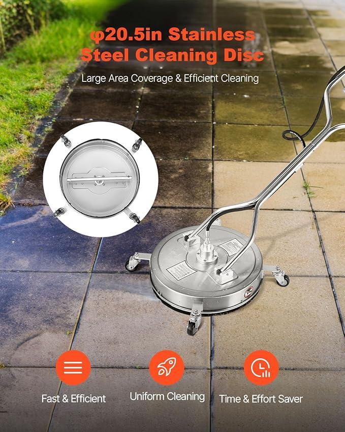 VEVOR 20" Pressure Washer Surface Cleaner, Stainless Steel Pressure Washer Attachments with 4 Wheels, 4000 Max PSI, 3/8 Quick Connector, 2 Spray Nozzles, Dual Handle, for Concrete, Patio, Sidewalk - NeatNest