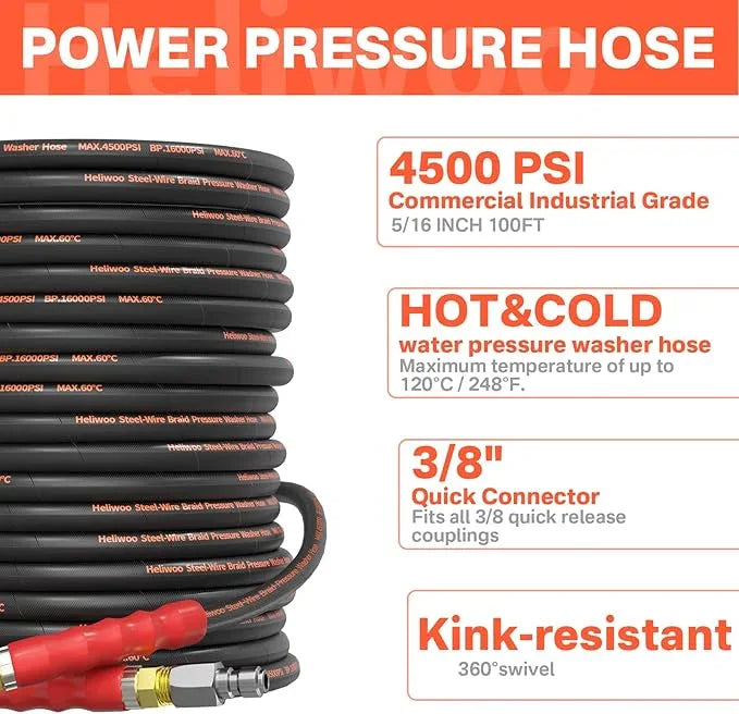 5/16" Pressure Washer Hose 100 FT, Hot and Cold Water Power Washer Hose Max 140°F, Commercial Industrial Grade Steel Wire Braided Kink Proof Extension Hose -4500 PSI - NeatNest