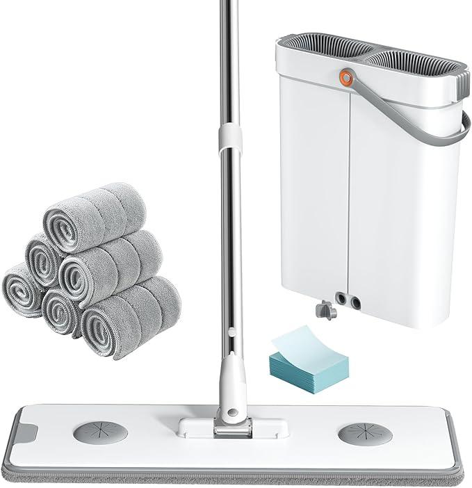 Flat Mop and Bucket System - Mop and Bucket with Wringer Set for Home | Wet Dry Mop for Apartment, Tiny Home, Windows, Wall, Hardwood Floor, RV with 6 Reusable Microfiber Cloth - NeatNest