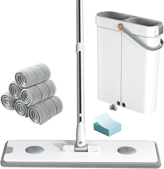 Flat Mop and Bucket System - Mop and Bucket with Wringer Set for Home | Wet Dry Mop for Apartment, Tiny Home, Windows, Wall, Hardwood Floor, RV with 6 Reusable Microfiber Cloth - NeatNest