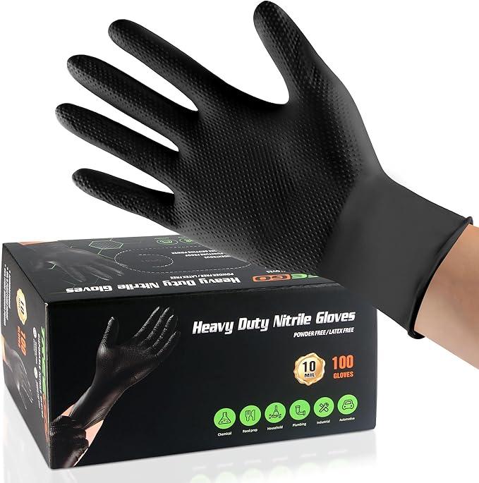 TREEGO Black Heavy Duty Rubber Gloves 10 Mil Nitrile Gloves - Raised Diamond Texture Grip for Automotive & Mechanic - Latex Free Disposable Gloves Medium, 100 Count - NeatNest