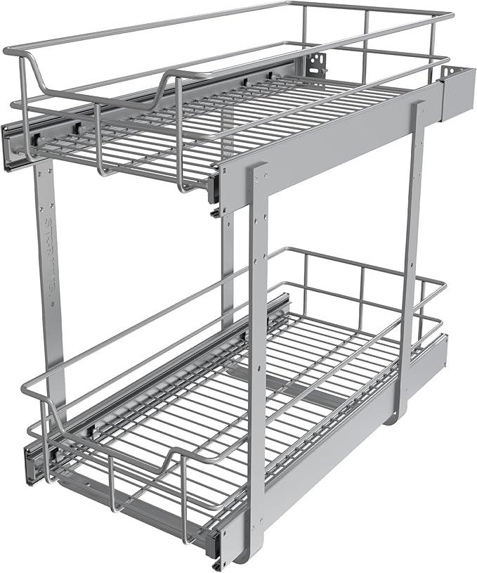 2 Tier Pull Out Cabinet Organizer 11" W X 17" D, Slide Out Drawers for Kitchen Cabinets, Pull Out Drawers for Cabinets Capacity Heavy Duty Caddy, Cabinet Pullout Shelves Chrome-Plated,Bathroom Pantry - NeatNest