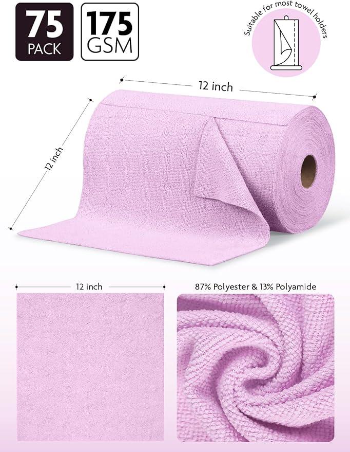 Fantasticlean Microfiber Cleaning Cloth Roll -75 pack, Tear Away Microfiber Towels, 12" x 12", Reusable, Washable, Scratch Free, Ultra Absorbent Dishcloth for Home Supplies, Car, Pet, Kitchen (Purple) - NeatNest