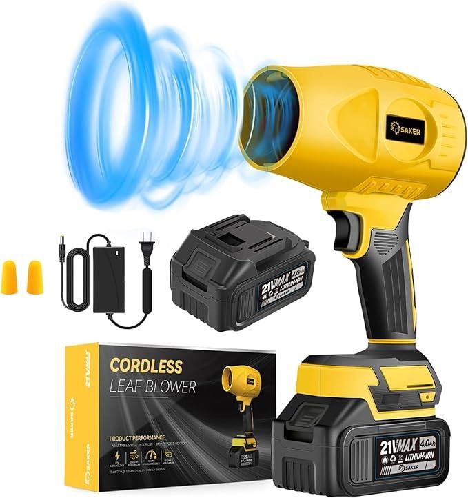 Saker Handheld Cordless Leaf Blower Portable Dust Cleaner 180000 RPM Compressed Air Duster with Adjustable Speed for Drying Patio Cleaning Camping 2 x 4.0Ah Battery Yellow - NeatNest