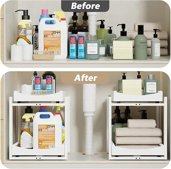 Bamboo Under Sink Organizer Adjustable Height 2 Tier Bathroom Organizer Pull Out Cabinet Storage Kitchen Heave Duty Wood Slide Ou Shelf for Kitchen Bathroom (White, 2 Packs) - NeatNest