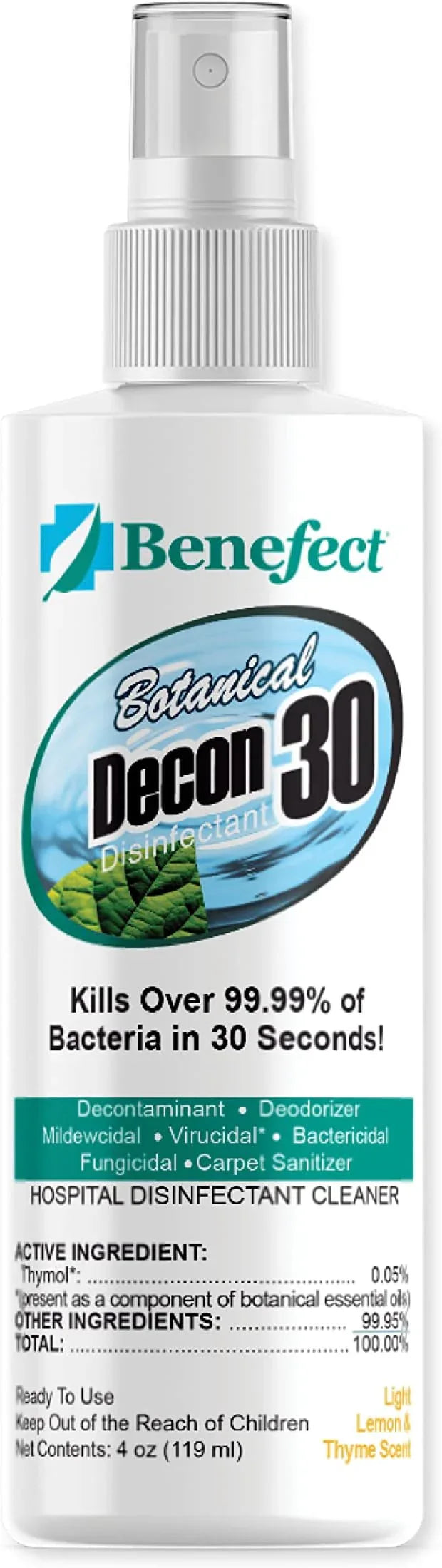 Benefect Botanical Decon 30 Disinfectant Cleaner, 4 oz. Spray Bottle, Light Lemon & Thyme Scent, Hospital Grade Disinfectant, Kills Over 99.99% of Germs, Safe for Food-Contact Surfaces - NeatNest