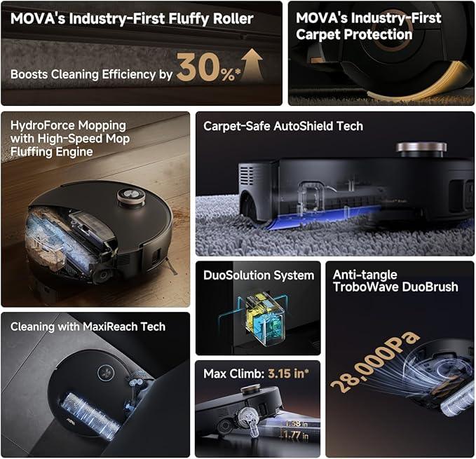 Mova Z60 Ultra Roller Complete Robot Vacuum and Mop, 28,000Pa Suction, 3.14in Obstacle Crossing, AutoShield for Carpet Protection, Zero Tangling Duobrush, Extendable Roller & Side Brush - NeatNest