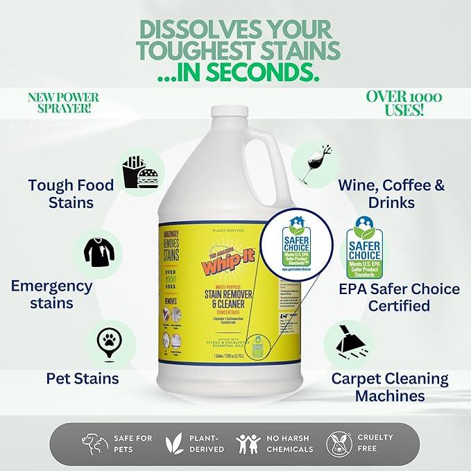 Whip It Cleaner Concentrate, Multi Purpose Stain Remover, Plant Based Enzyme Cleaner, Cleaning Food, Grease, Coffee, Wine, Baby Stains, Over 500 uses, Made in the USA, 1 Gallon,128-ounce - NeatNest