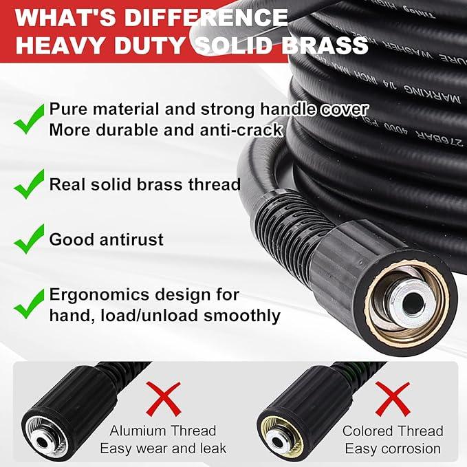 Pressure Washer Hose 50FT 1/4”, 4000 PSI Kink Resistant High Pressure Hose M22 14mm Thread, Flexible Extension Replacement Hose with 3/8 Quick Connect Adapters for Power Washing - NeatNest