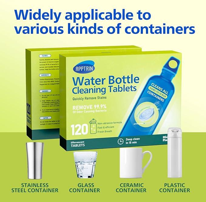 Water Bottle Cleaning Tablets, Bottle Clean Tablet for Hydration Bladders, Stainless Steel, Tumblers, and Glass Bottles,120 count (Pack of 1), Mint - NeatNest