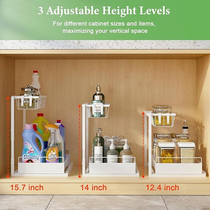 REALINN Under Sink Organizer, Height Adjustable Pull Out Cabinet Organizer, 2 Tier Under Sink Organizers and Storage for Kitchen Bathroom Laundry, White, 2 Pack - NeatNest