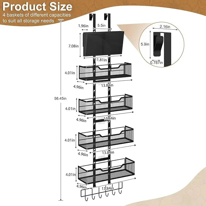 Adjustable Over The Door Organizer, Metal Hanging Door Storage with 4 Metal Baskets and PVC Pocket, Closet Door Organizer for Bathroom Bedroom Cabinet, Black - NeatNest