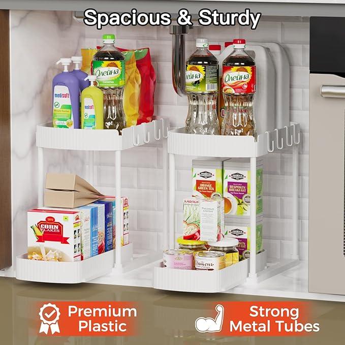 2 Pack Multi-Purpose Pull-Out Storage Organizers, Under Sink Organizers and Storage for Bathroom & Kitchen, Under Cabinet Organizers and storage, 14.8 Inch, White - NeatNest