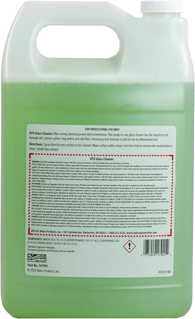 Malco Ready-To-Use Glass Cleaner - Streak-Free Removal of Dirt, Grease, Oils, & Bug Debris from Glass, Chrome, Tile, Stainless Steel, Vinyl, Rubber/Ammonia-Free & Tint Safe / 1 Gallon (107901) - NeatNest