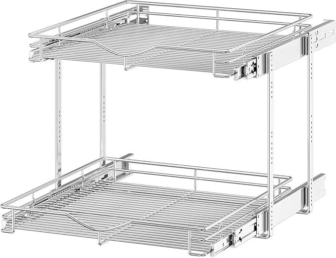 OCG 2 Tier Pull Out Cabinet Organizer (22.5" W x 21.5" D), Pull Out Drawers for Kitchen Cabinets, Pull Out Shelves for Base Cabinet Organization in Kitchen Bathroom Pantry, Chrome Finish - NeatNest