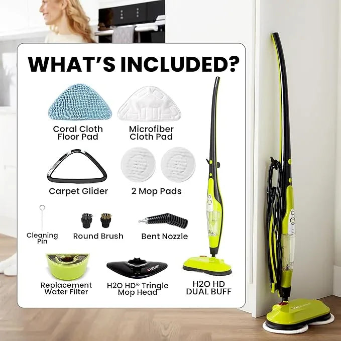 H2O HD Dual Buff Steam Mop, 8 in 1 Handheld Steam Cleaner For Kitchen Tile Floors, Hardwood Floors, Grout Cleaner, Upholstery Cleaner and Carpets, 2 washable scrub pads, 8 cleaning accessories - NeatNest