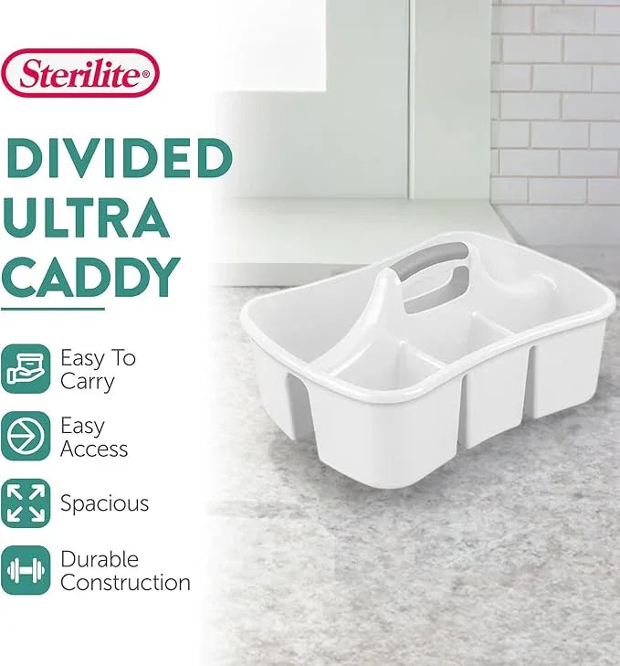 Sterilite 6 Pack Divided Ultra Caddy, Plastic Portable Storage to Hold Bathroom and Cleaning Supplies, White - 5 Large Compartment Organizer - NeatNest
