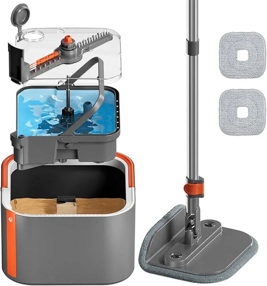 Upgraded Self-Standing Spin Mop and Bucket System, Detachable Inner Mop Bucket Separates Dirty Water & 90° Foldable Head, Triple-Scrub System, 0.9Gal Dual Drainage, for Hardwood Floors (Gray 2 Pads) - NeatNest