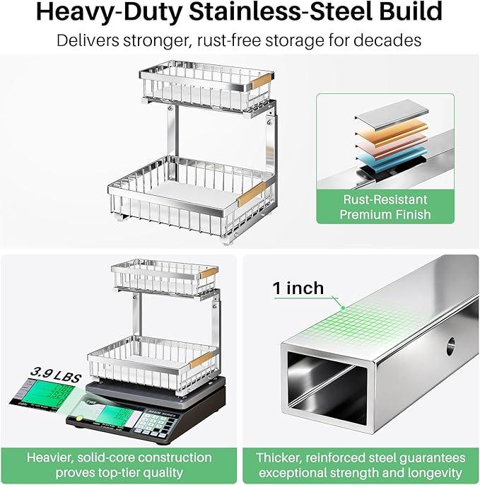 Under Sink Organizer, Stainless Steel 2 Packs 2 Tier Under Sink Organizers and Storage, Slide out Pull out Cabinet Shelf, Sliding Drawer for Kitchen Bathroom Pantry Cabinet Closet Organization Rack - NeatNest