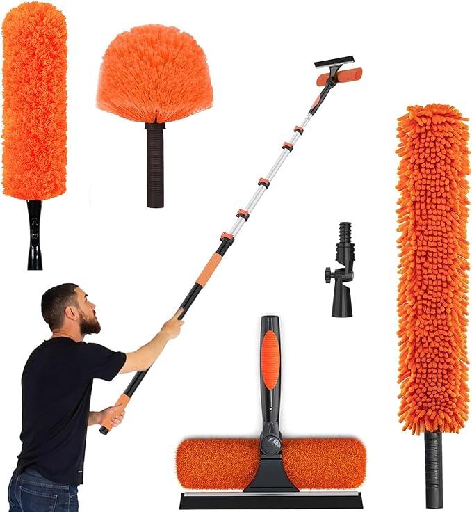 30FT High Ceiling Duster Kits with 5-24FT Telescoping Extension Pole - Fan Blade Cleaner, Cobweb Remover & Window Cleaning Kit, Washable Dust Brush for High Roof and Glass Surfaces - NeatNest