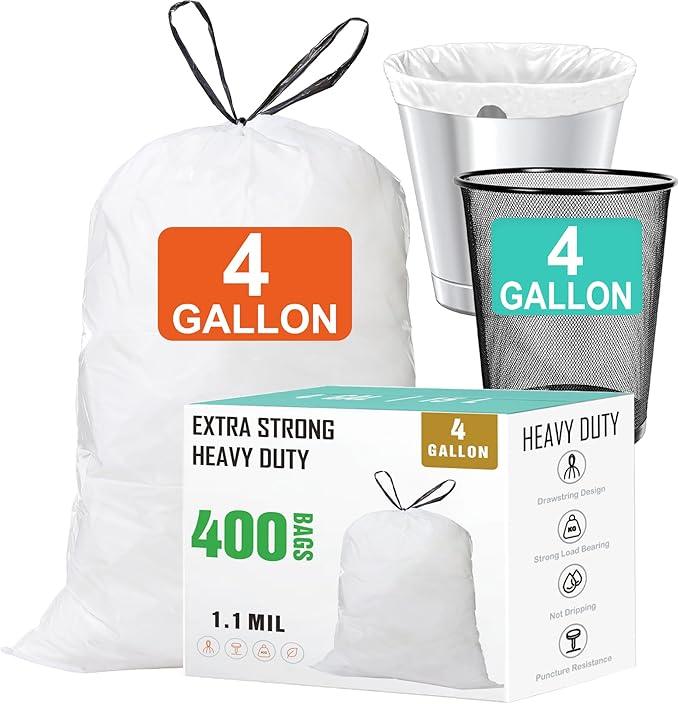 4 Gallon Drawstring Trash Bags (400 Count) 1.1 Mils Heavy Duty Small Garbage Bags Fit 10-15 Liter 2-4 Gal White Trash Bin Liners for Home Office Kitchen Bathroom Bedroom - NeatNest