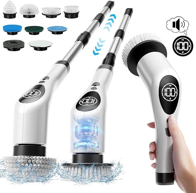 Electric Spin Scrubber,Cordless Cleaning Brush,Shower Scrubber with 9 Scrub Brush,3 Speed,Adjustable Extension Handle,Power LED Display, Voice Broadcast,Power Scrubber for Bathroom Kitchen Cleaning - NeatNest
