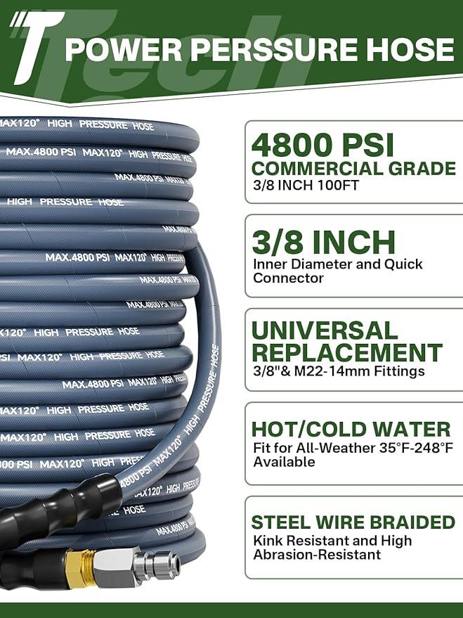 3/8" 4800PSI Pressure Washer Hose 100FT with Swivel Quick Connect for Cold/Hot Water Max 248°F, Kink Resistant Steel Wire Braided, Wear Resistant Power Washer Hose with M22 14mm Adapter - NeatNest