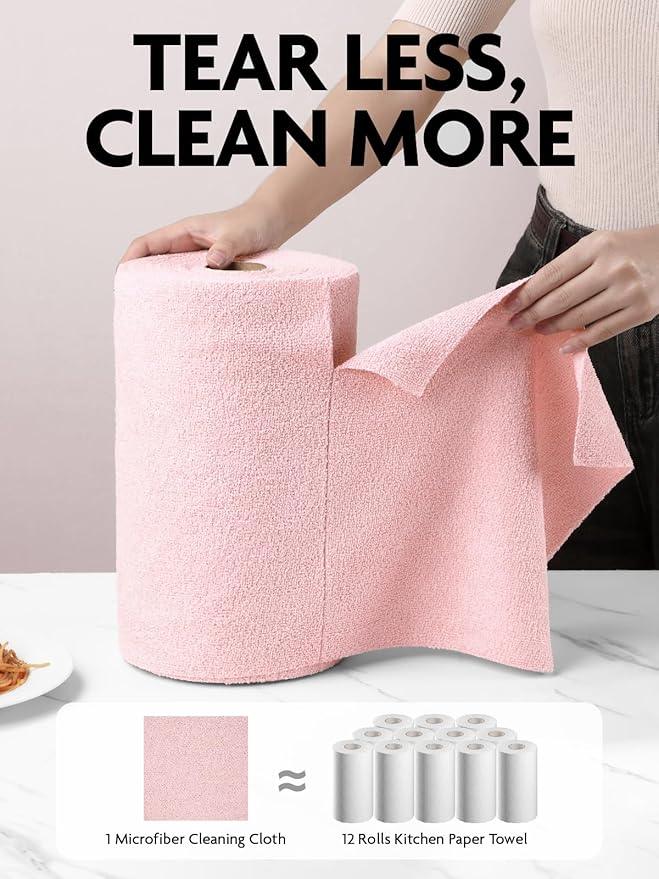 Fantasticlean Microfiber Cleaning Cloth Roll -150 Pack, Tear Away Microfiber Towels, 12" x 12", Reusable, Washable, Ultra Absorbent Dishcloth for Home Supplies, Car, Pet, Kitchen (2 Rolls of Pink) - NeatNest