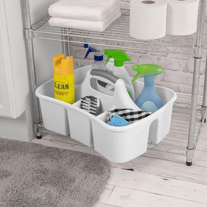 Sterilite Divided Ultra Caddy, Plastic, Portable Storage to Hold Bathroom and Cleaning Supplies, 5 Large Compartments and Handle, White, 18-Pack - NeatNest