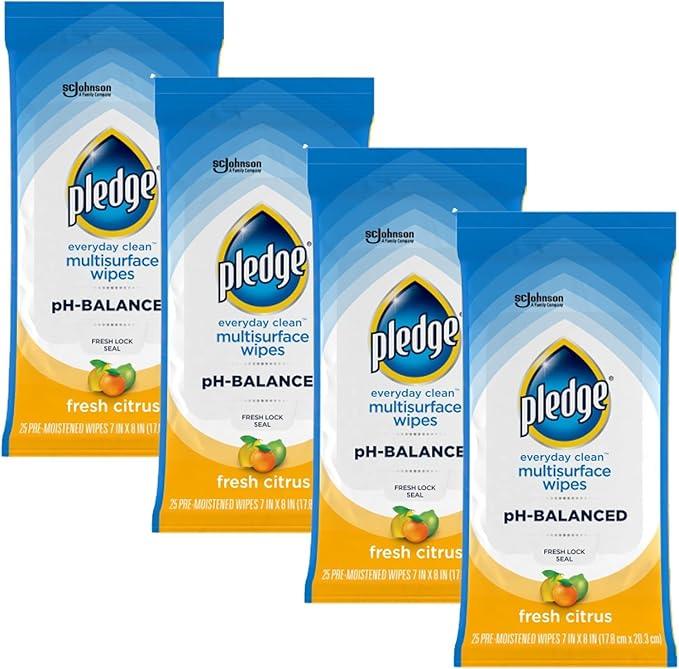 Pledge Multisurface Cleaning Wipes, pH Balanced, Fresh Citrus, 25 Count (Pack of 4, 100 Total Wipes) - NeatNest