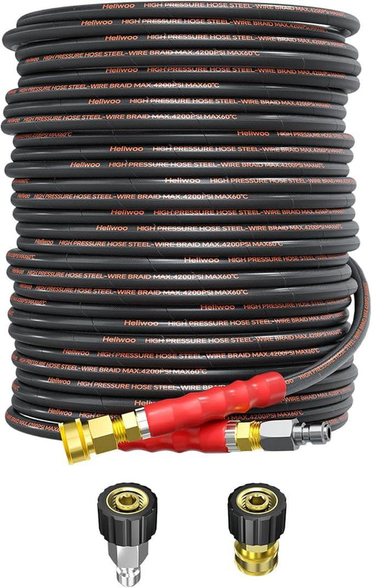 Pressure Washer Hose 100FT 1/4" for Cold & Hot Water (Up to 140℉) 4200 PSI Kink Resistant Industrial Grade Steel Wire Braided QC Ends with 3/8" Adapters for Professional and Home - NeatNest