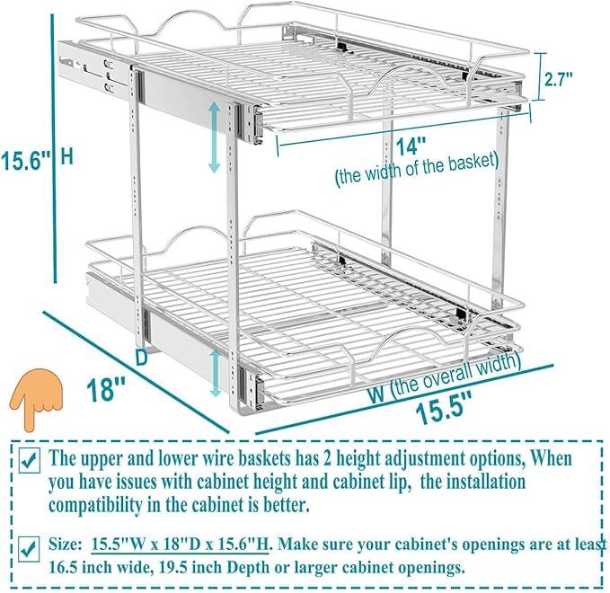 OCG 2 Tier Pull Out Cabinet Organizer (15.5" W x 18" D), Pull Out Drawers for Kitchen Cabinets, Pull Out Shelves for Base Cabinet Organization in Kitchen Bathroom Pantry, Chrome Finish - NeatNest