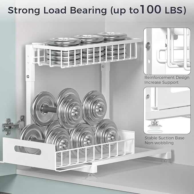 Pro Under Sink Organizer Storage: Premium Metal 2-Tier Pull-Out Wire Basket Organizer, L Shape Height Adjustable, Easy Installation | Kitchen & Bathroom Cabinet Organizers Pack 1 White - NeatNest