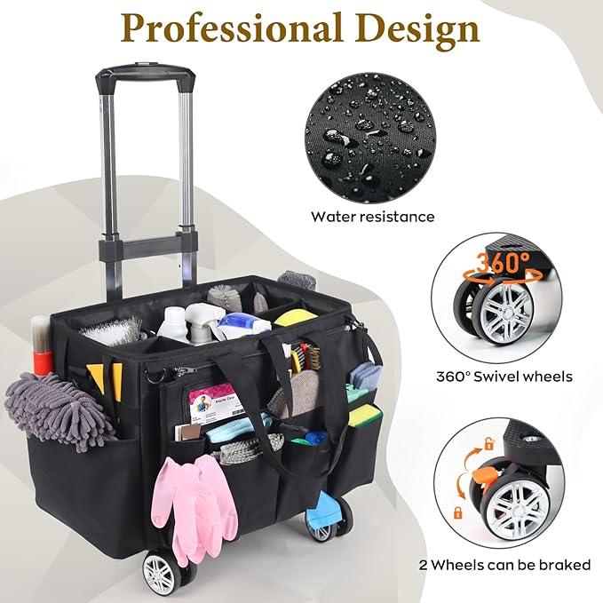 Rolling Cleaning Caddy Bag with Detachable Trolley, Multi-Functional Portable Cleaning Cart Supplies Organizer for Housekeeping and Domestic Cleaning, Cleaning Caddy with Wheels, Black - NeatNest