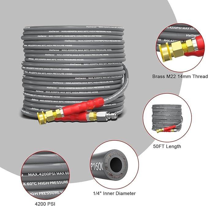 Pressure Washer Hose 50ft, 4200PSI Wire Braid Power Washer Extension Hose 1/4 Inch High Tensile, Flexible Kink Resistant Heavy Duty Replacement Hose with 3/8 Quick Connect - NeatNest