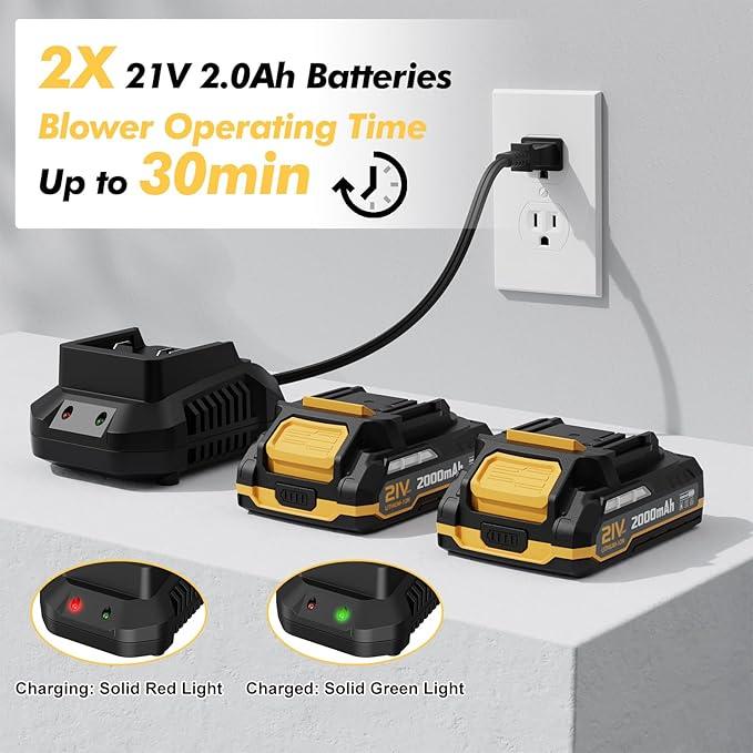 Leaf Blower Cordless with 2 Batteries and Charger, 21V Electric Leaf Blower with 2 Speed Modes, 2.0Ah Lightweight Battery Powered Blowers for Lawn Care, Patio, Blowing Leaves - NeatNest