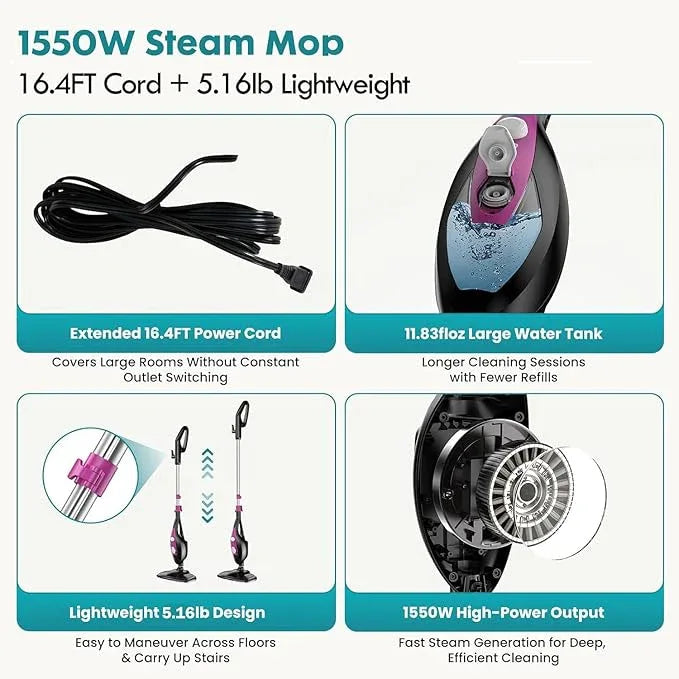 Steam Mop for Floor Cleaning, Handheld Electric Mop Steamer for Home, Hardwood Floor Steamer for Kitchen, Living Room Wood Floor Tile Carpet Clothes Cleaning, Black and Pink - NeatNest