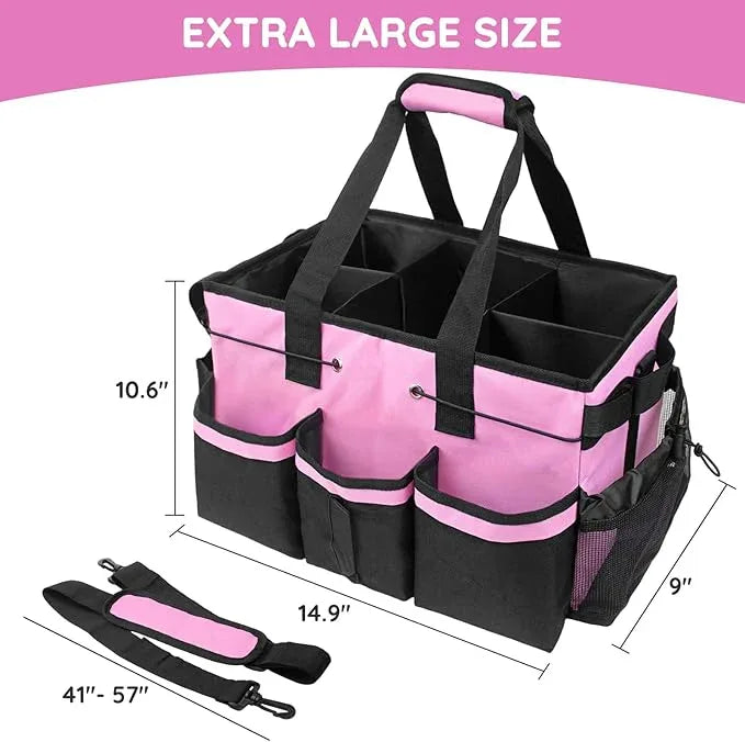 ZKOO Large Cleaning Caddy Bag with Handle, Built-in Sturdy Support Board, Adjustable Shoulder Strap, Multi-compartment Design Cleaning Supply Tote for Cleaners & Housekeepers (Pink) - NeatNest