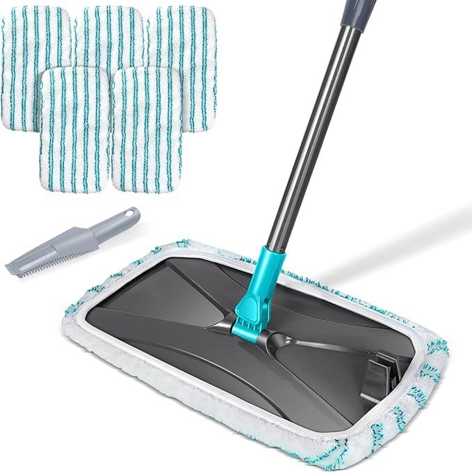 MASTERTOP Microfiber Flat Mop, Extra Large Surface Dust Mop with 5 Wet & Dry Reusable Pads, Hardwood Mops with Telescopic Handle for Laminate, Tile, Vinyl Floor Cleaning, 1 Cleaning Scraper - NeatNest